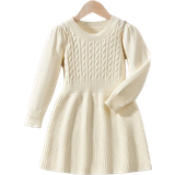 Polyamide Dresses Children's Clothing Shein Young Girl Cable Knit Puff Sleeve Sweater Dress