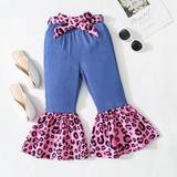 Leopard Trousers Children's Clothing Shein Little Girls' Leopard Pattern & Denim Splicing Bell-Bottom Jeans