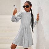 Long Sleeves Dresses Shein Tween Girls' Sports Street Fashion Solid Color Knitted Stand Collar Long Sleeve Dress