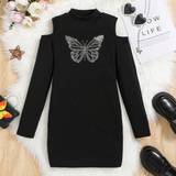 Long Sleeves Dresses Shein Girls' Vintage Simple Street Style Knitted Off Shoulder Long Sleeve Dress With Butterfly & Rhinestone Decoration, Slim Fit
