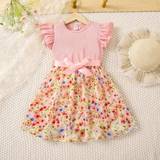 M Dresses Shein Little Girls' Floral Print Flying Sleeve Dress With Belt, Summer