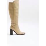 Block Heel High Boots River Island knee high boot with buckle detail in beige-Neutral5