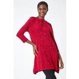 Red Blouses Roman Textured Print Keyhole Tunic Stretch Top Red
