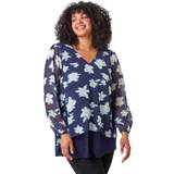 Blue Blouses Roman Curve Floral Overlay Stretch Top Navy