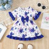 Everyday Dresses - Multicoloured Shein Baby Girls' Cute Floral Printed Dress With Bowknot Decoration, Winter
