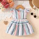 Everyday Dresses - Multicoloured Shein Baby Girls' Adorable Striped Print Flutter Sleeve Dress, Winter