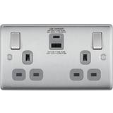 BG Double Plug Socket 1x USB C 1x USB Port Brushed Steel