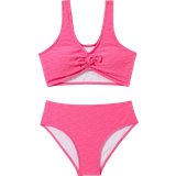 Pink Bikinis Children's Clothing Shein Girl's Solid Color Ruffled Textured Swimsuit Set - Multicolor