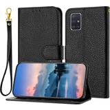 Samsung Galaxy A71 Wallet Cases For Samsung Galaxy A71 5G Case, Litchi Grain PU Leather Folio Cover Magnetic Closure Flip Wallet Card Slots Stand Case With Hand Strap,Black