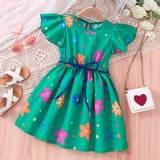 M Dresses Shein Little Girls' Fashionable Dress With Flower Print, Bowknot And Ruffle Sleeves