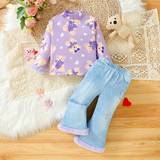 Purple Other Sets Children's Clothing Shein 2pcs Baby Girls' Cute Bear Printed T-Shirt With Frill Sleeve Edges Denim-Like Bell-Bottoms Pants Outfit Set