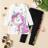 Shein 2pcs Toddler Girl Unicorn Print Long-Sleeve White Tee And Letter Print Black Leggings Set