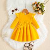 Long Sleeves Dresses Shein Baby Girls' Solid Color Round Neck Elegant Flying Sleeve Dress For Autumn