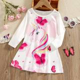 Shein Toddler Girl Animal Unicorn Butterfly Print Long-Sleeve Dress