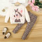 Shein 2PCS Toddler Girl Childlike Animal Pattern Leopard Grain Top/ Pant Set