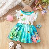 Ruffled dresses Shein Baby Girls' Casual Knit Ocean Print Summer Dress