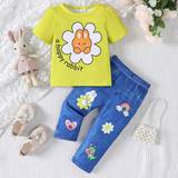 Yellow Other Sets Children's Clothing Shein Baby Girl Flower Printed T-Shirt And Pants Set