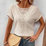 Women T-shirts & Tank Tops Shein Womens Summer Casual Vacation TShirt With Round Neck Drop Shoulder Lace Splice Textured Waffle Grid Fabric