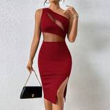 Knee Length Dresses - Red Shein Summer One Shoulder Mesh Insert Split Thigh Bodycon Dress