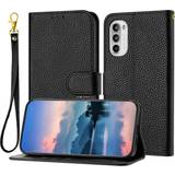 For Moto G62 5G Case, Litchi Grain PU Leather Folio Cover Magnetic Closure Flip Wallet Card Slots Stand Case With Hand Strap,Black