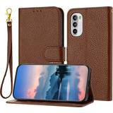 For Moto G62 5G Case, Litchi Grain PU Leather Folio Cover Magnetic Closure Flip Wallet Card Slots Stand Case With Hand Strap,Brown