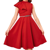 Red - Ruffled dresses Shein Tween Girls' Cute Fit And Flare Mid-Length Dress With Ruffle Hem, High Neck And Sleeveless Design In Palace Style
