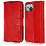 Red Mobile Phone Covers TechGear Red Wallet Case for iPhone 14 Plus, Genuine Leather Magnetic Flip [RFID Blocking] Case with Shockproof TPU Holder, Card Slots, Stand Folio Cover