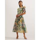 Ruffles Dresses Ted Baker Womens Ivory Mincia Floral-print Puff-sleeve Woven Midi Dress