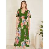 Pleats Dresses Yumi Mela London Floral Print Ruched Waist Maxi Dress, Green