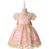 Party dresses - Zipper Shein Wedding Diary Young Girls' Embroidered Beaded Short Sleeve A-Line Dress With Large Bowknot And Court Train Ball Gown For Birthday Party, & Flower Girl