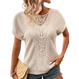 Beige - Women Tops Shein LUNE Women's Summer Casual Vacation T-Shirt With Round Neck, Drop Shoulder, Lace Splice, Textured Waffle Grid Fabric