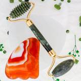 Jade Serrated Roller and Red Agate Crow's Foot Gua Sha Set