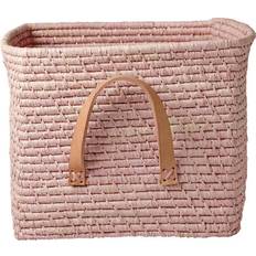 Pink Storage Baskets Kid's Room Rice Small Square Raffia Basket with Leather Handles