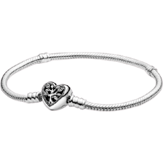 Women Bracelets Pandora Moments Family Tree Heart Clasp Snake Chain Bracelet - Silver/Transparent
