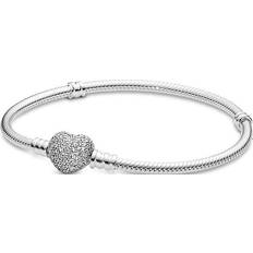 Bangles Jewellery Pandora Moments Sparkling Heart Clasp Snake Chain Bracelet - Silver/Transparent