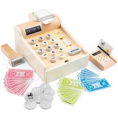 New Classic Toys 10651 Wooden Cash Register with Play Money, Scanner and Bank Card, White