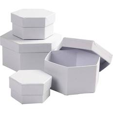 White DIY Creativ Company Hexagonal Boxes, H: 4 5 6 7 cm, D: 6,5 8 10 12 cm, white, 4 pc/ 1 set