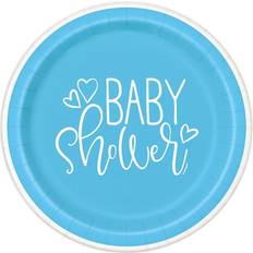 Unique 73384 Blue Hearts Baby Shower Round Dessert Plates, 7" 8 Pcs