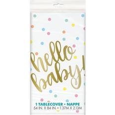Unique Party 73523 "Hello Baby" Gold Baby Shower Plastic Tablecloth, 7ft x 4.5ft
