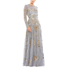 Mac Duggal Long Sleeve Embellished Illusion Evening Gown - Platinum/Gold