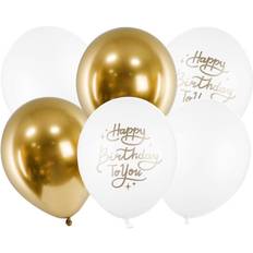 PartyDeco Pack of 6 BALLOONS Happy Birthday White and Gold 30cm