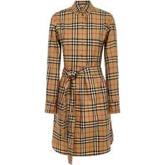 Brown - Checkered - Women Dresses Burberry Vintage Check Stretch Cotton Shirt Dress - Beige