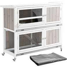 Pawhut Two-Tier Rabbit Hutch with Wheels Trough Rain Cover Tray