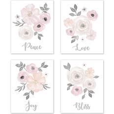 Sweet Jojo Designs Watercolor Floral 4-Piece Wall Set In Pink/grey Pink Small Wall Decor