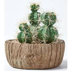 Homescapes Echinocactus Artificial Cactus in Round Wooden Planter, 15 cm Tall Artificial Plant