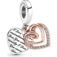 Silver Charms & Pendants Pandora Entwined Hearts Double Dangle Charm - Silver/Rose Gold/Transparent