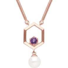 Gemondo Modern Pearl & Amethyst Hexagon Drop Necklace in Rose Plated