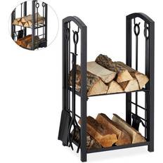 Relaxdays Firewood Rack with Companion Tools, 2 Tiers, Steel, 4Piece Accessory Set, Shovel, Broom, Tongs & Poker, Black