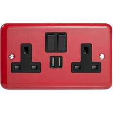 Varilight XY5U2SB.PR Lily Primary Pillar Box Red 2 Gang Double 13A Switched Plug Socket 2.1A USB