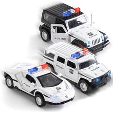 Top Race Metal Diecast Police Cars Pull Back Battery Powered with Led Headlights and Sirens 1:32 Scale Set of 3